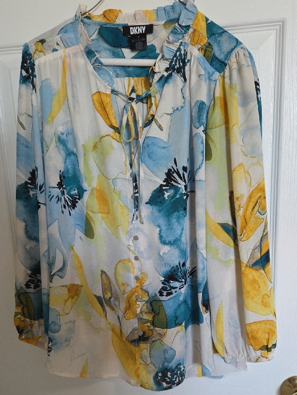 DKNY Watercolor Floral Tie-Neck Blouse - Blue, Yellow, White